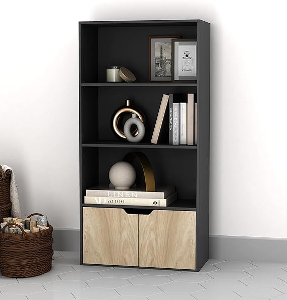 Modern 4-Tier Wide Bookcase with Storage Cupboard – Black & Oak Shelf Unit