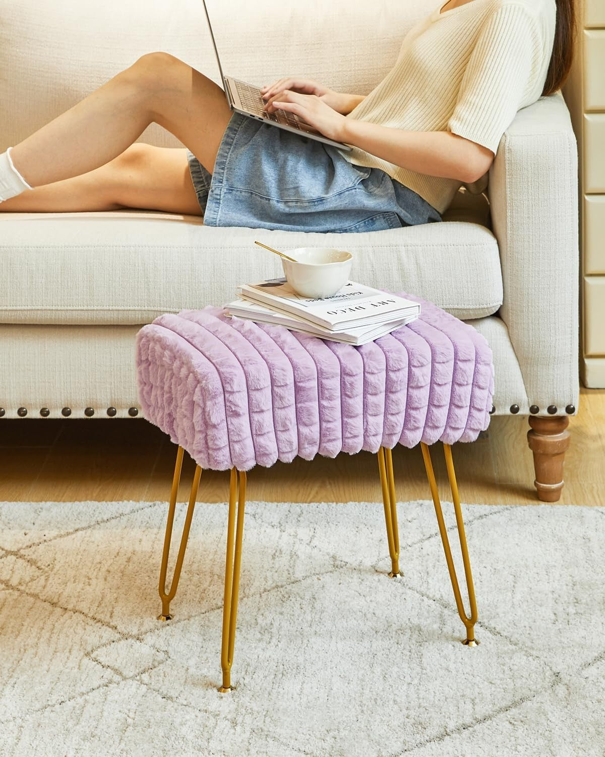 Purple Velvet Footrest Ottoman – Golder Legs, Compact Vanity Stool & Side Table