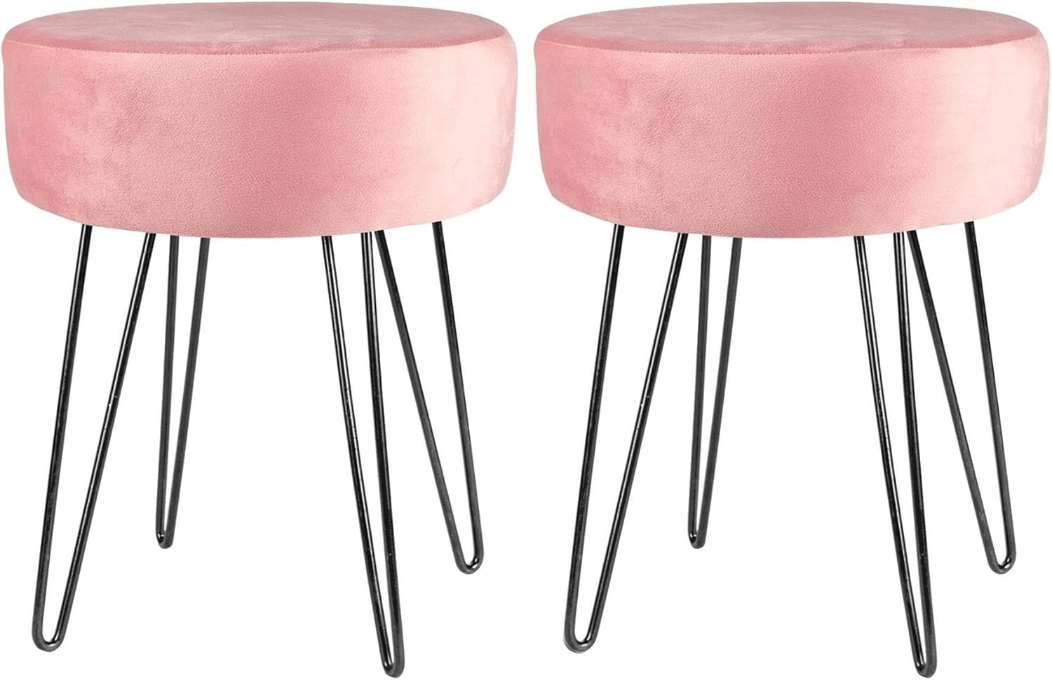 Set of 2 Pink Velvet Footstools Black Legs Modern Round Pouffe Seats