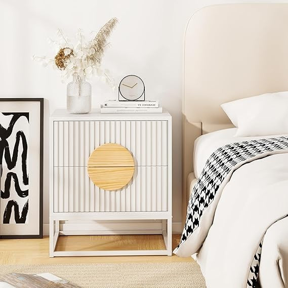 Modern White Bedside Table with 2 Drawers – Metal Frame Wood Accent Storage Unit