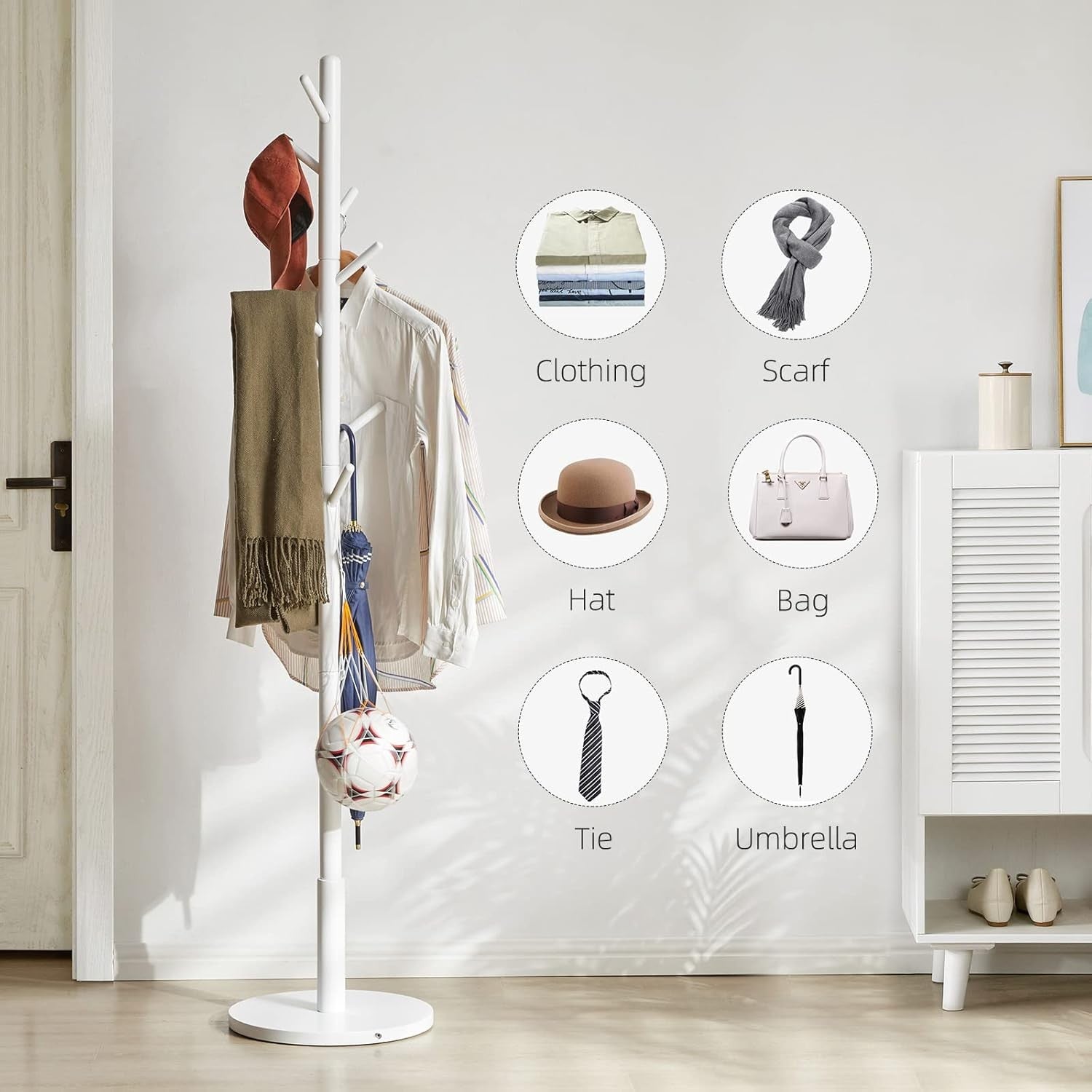 Modern White Wooden Coat Rack 8 Hooks Adjustable Height Free Standing Hanger