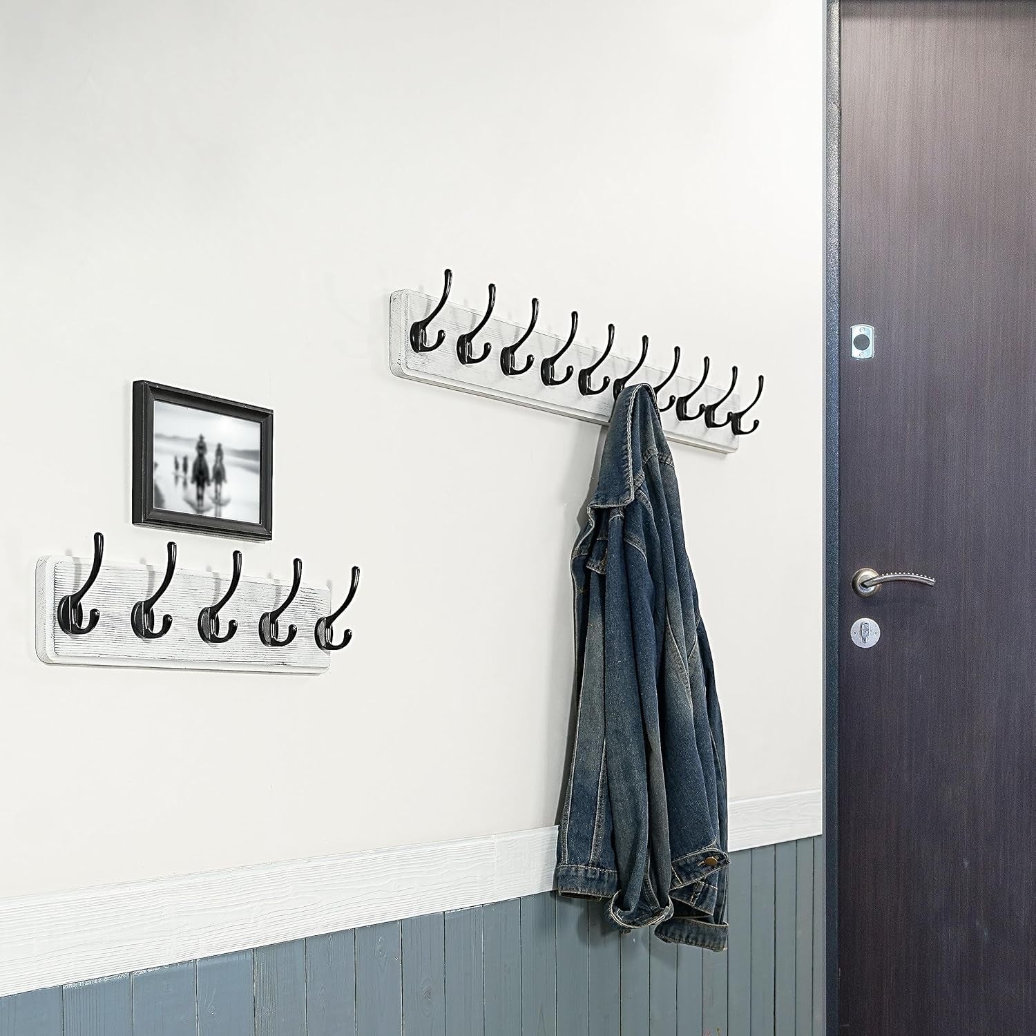 Wall Mounted Coat Rack 10 Hooks | 98cm Wooden Hanging Hook Rail Black/White