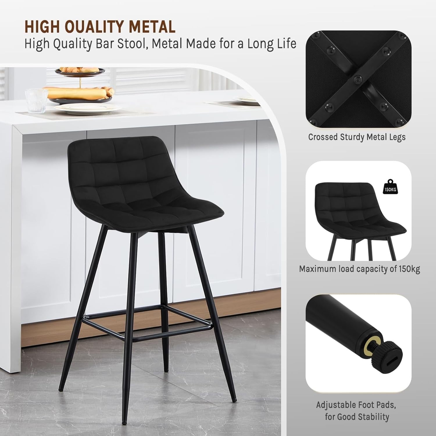Black Velvet Bar Stools Set of 2 – Ergonomic Kitchen & Counter Seats