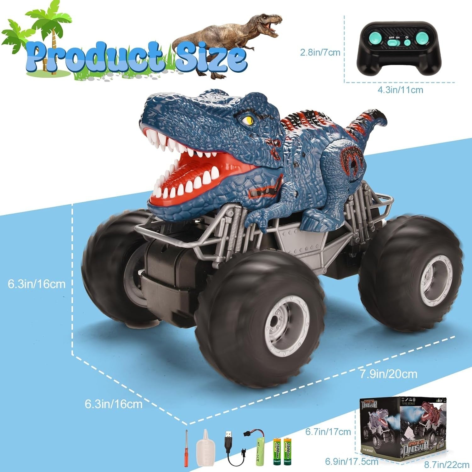 1:16 RC Dinosaur Monster Truck with LED Lights, Music & Spray Mist Toy