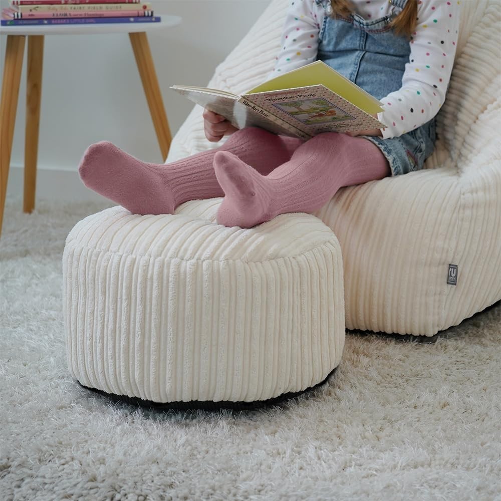 Kids Corduroy Bean Bag Chair & Footstool – Ivory, Washable, 70x80x60cm
