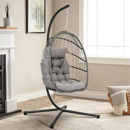 Hanging Egg Chair with Stand Rattan Swing Seat Cushion Indoor Outdoor Garden