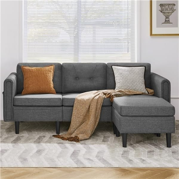 Light Gray L-Shaped Corner Sofa with Ottoman 3-Seater Chaise for Small Spaces