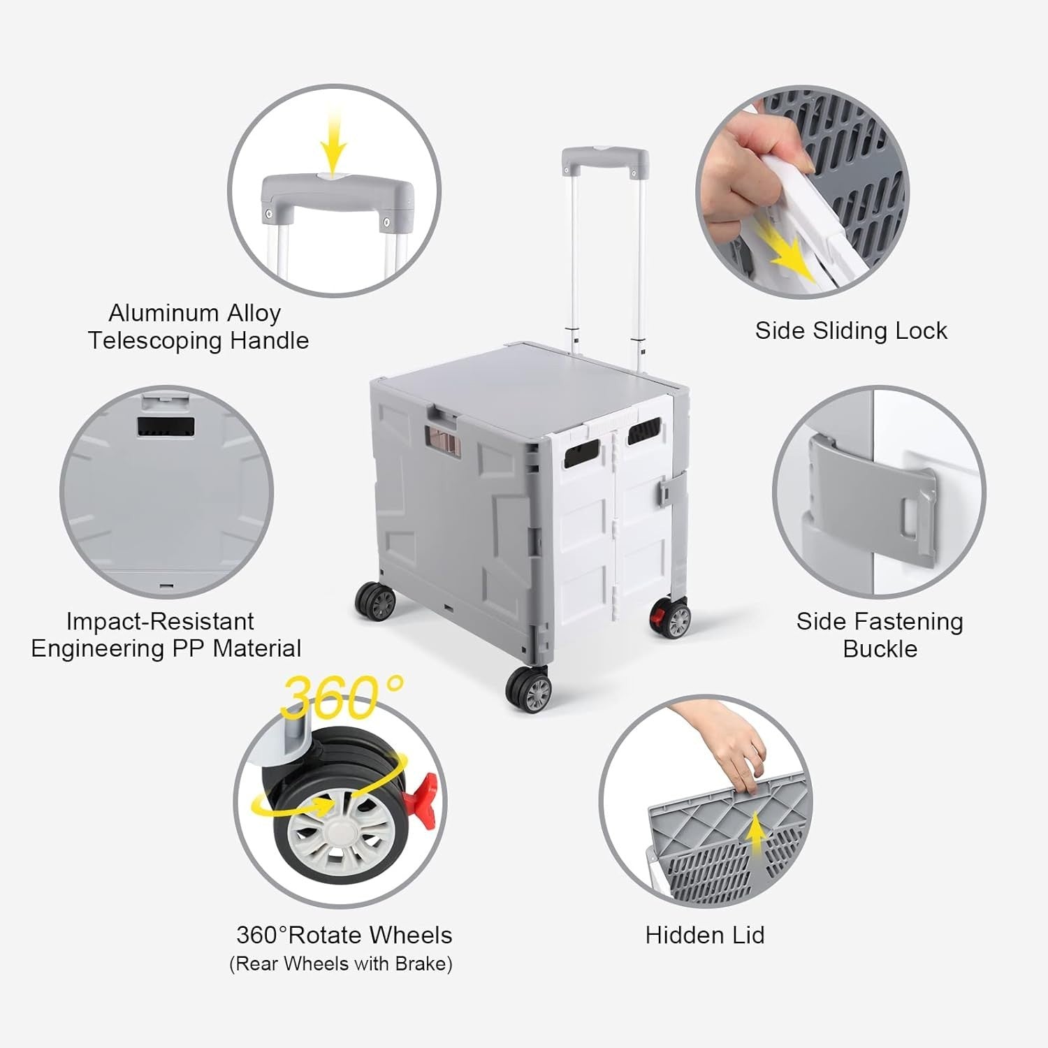 Foldable Grocery Trolley Cart 50Kg Portable Storage Box w/ Lid Grey