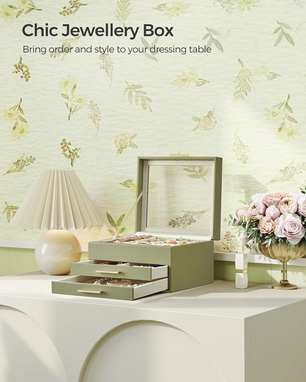 Avocado Green Gold Jewellery Box Glass Lid 3 Tier Organizer with Drawers