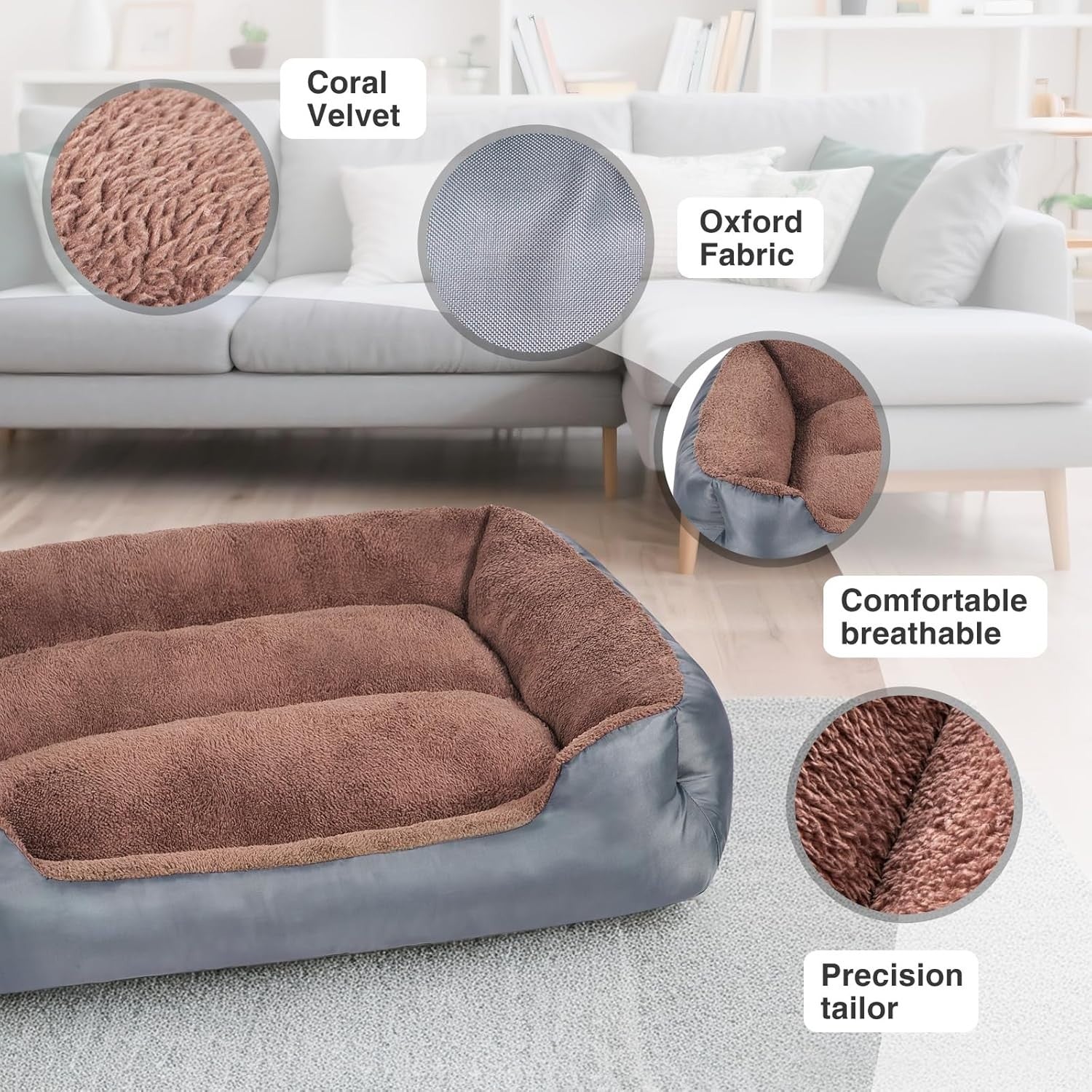 XL Dog Bed 90x70cm Washable Calming Bolster Grey