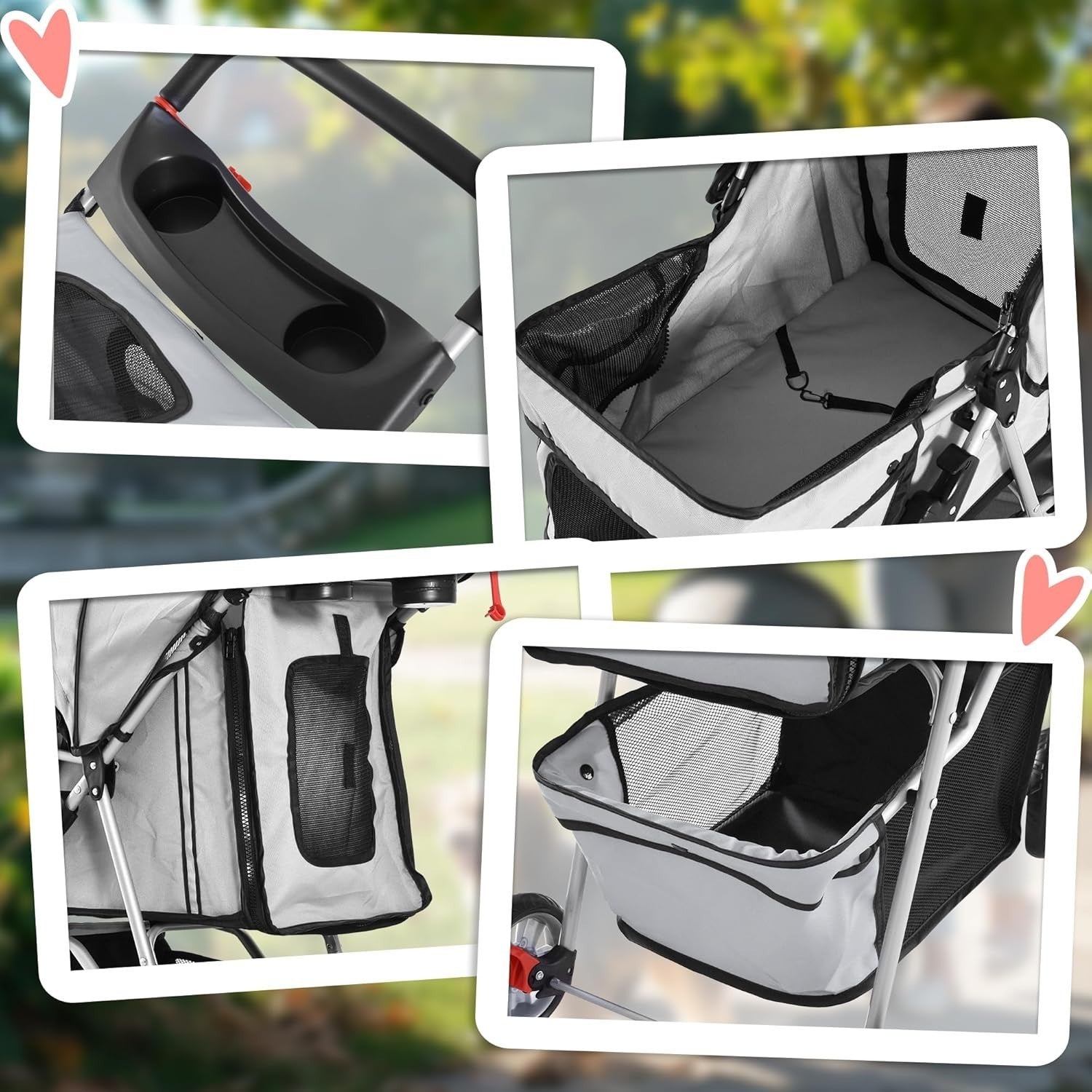 Dog Stroller 3-Wheel Foldable Pet Pram Small Dogs Cats Grey Lightweight