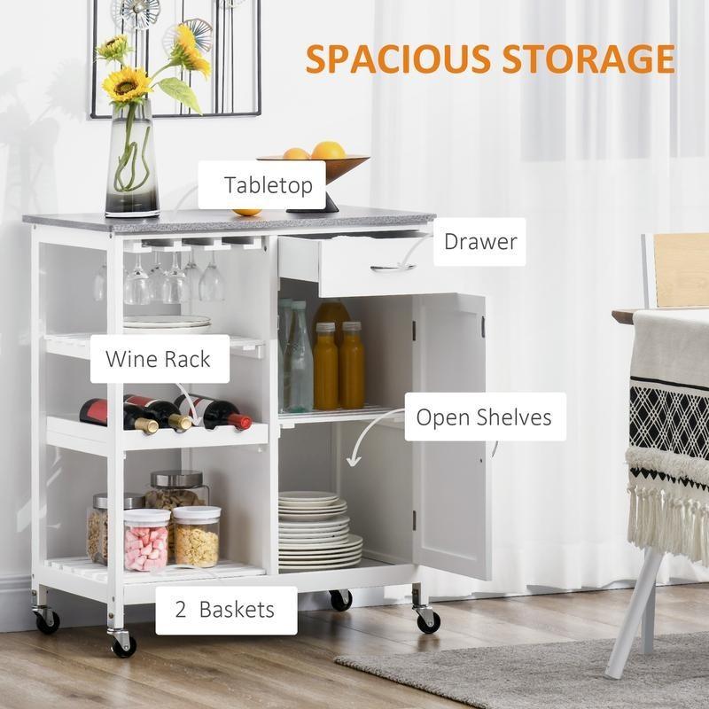 White Kitchen Trolley with Marble Top, Shelves & Wine Rack on Wheels