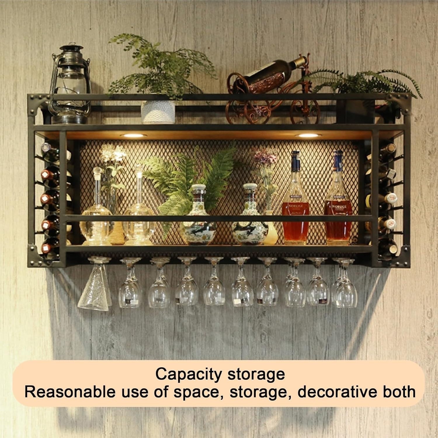 Wall Mounted Wine Rack with Glass Holder Shelf Modern Metal Hanging Bar Storage