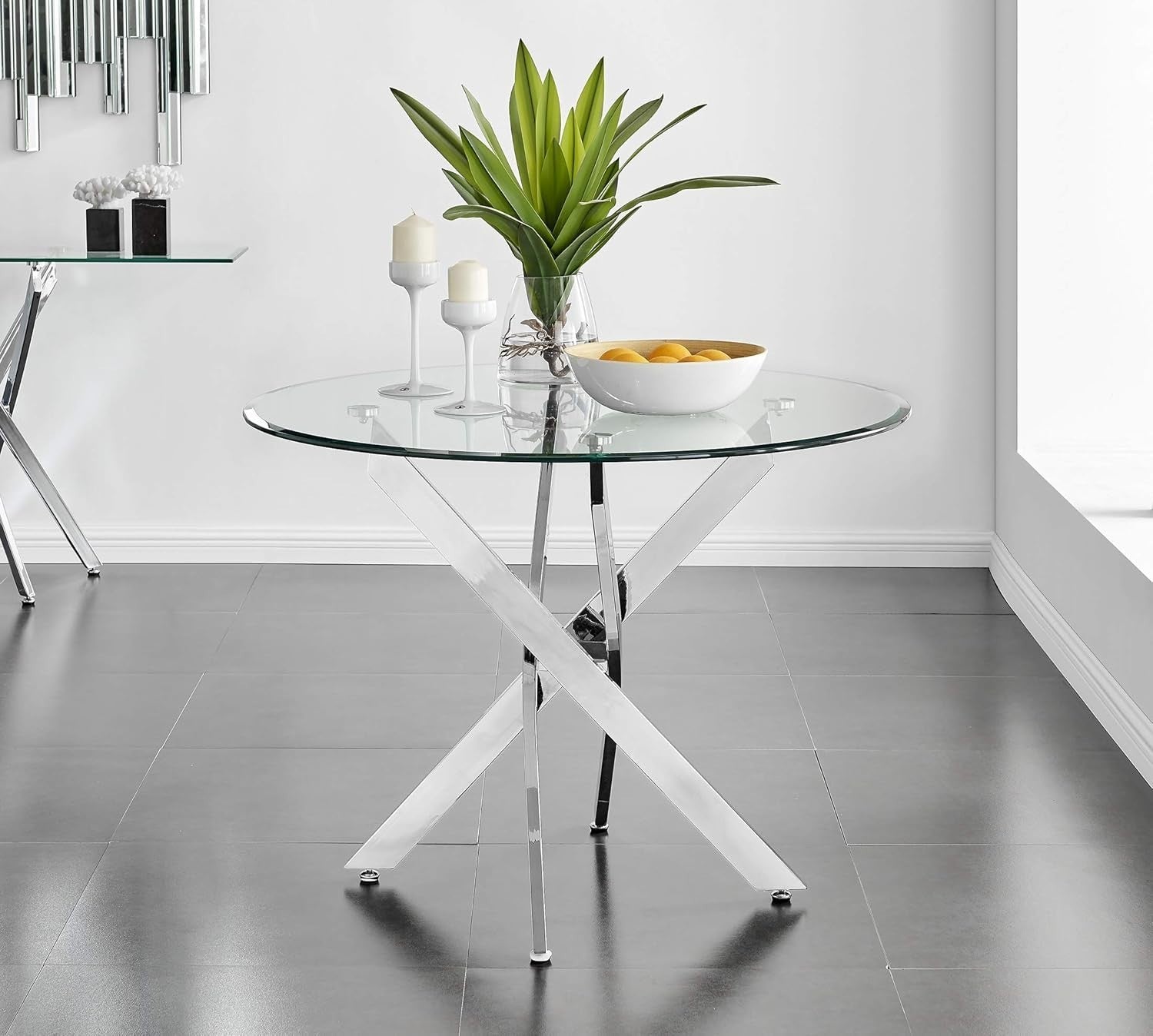 Modern 100cm Round Glass Dining Table with Chrome Cross Legs – Compact