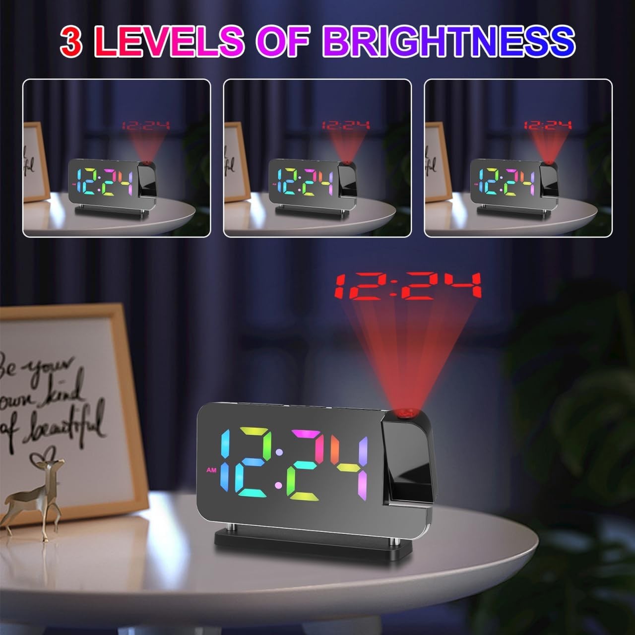 Projection Alarm Clock RGB Night Light LED Display USB Bedside Clock