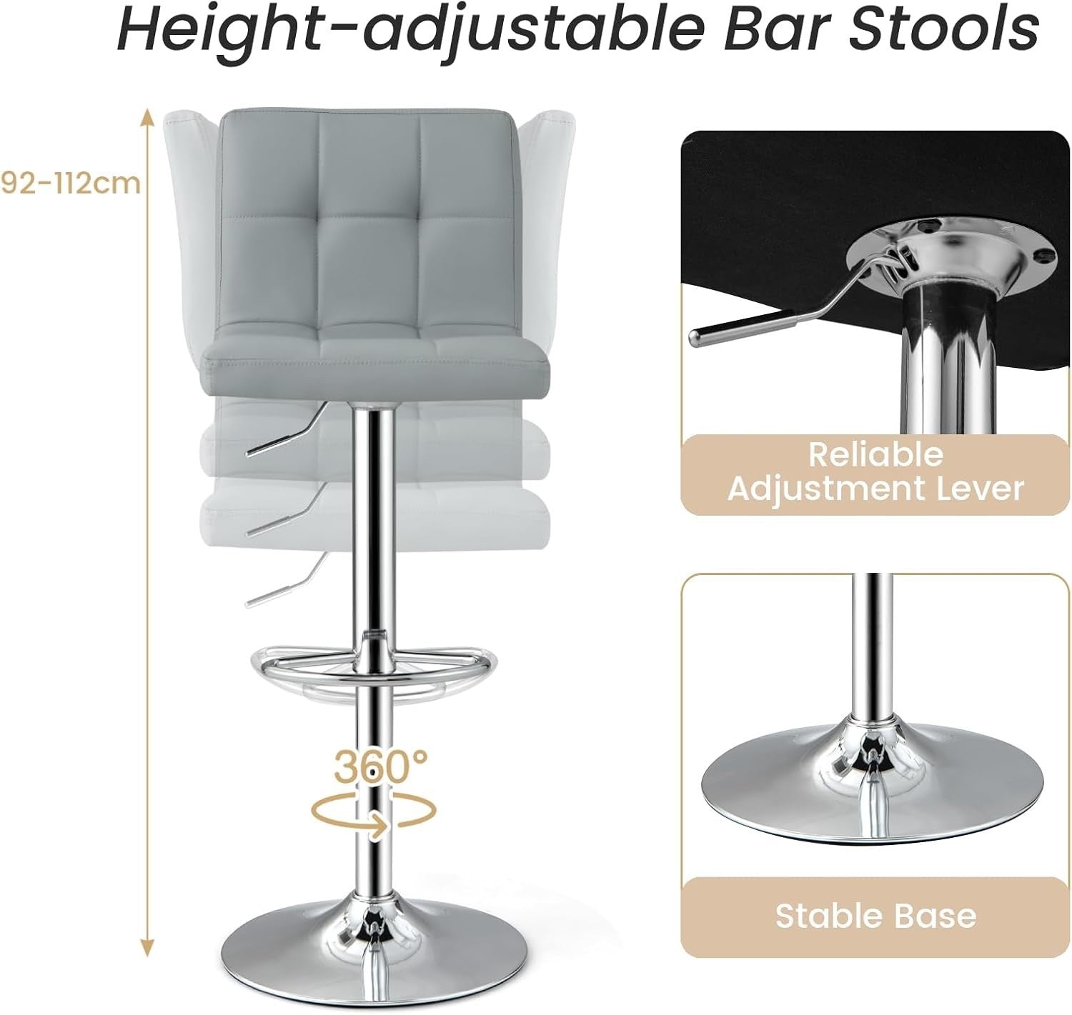 Set of 2 Adjustable Grey PU Leather Bar Stools with Swivel & Footrest