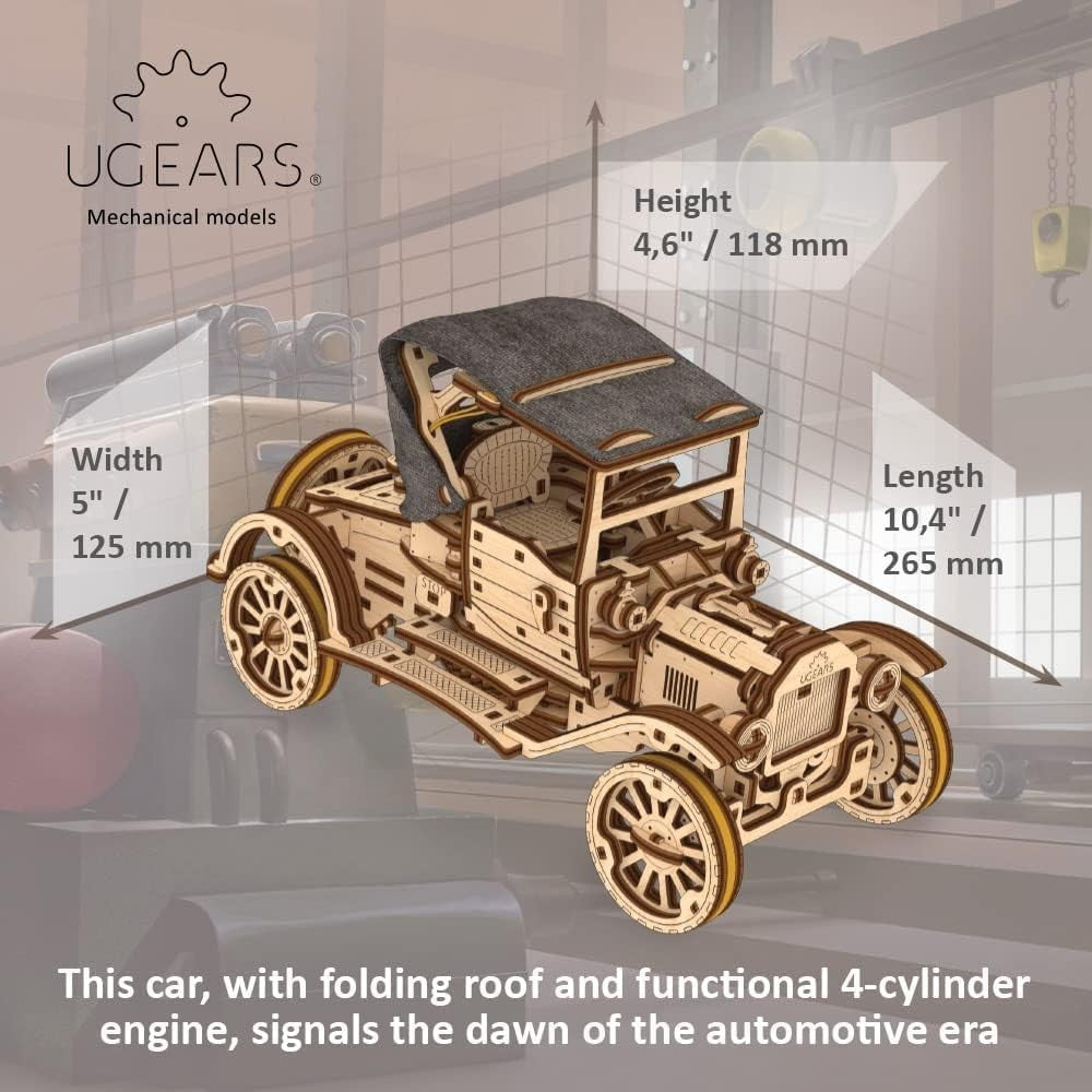 Vintage 3D Wooden Model Car Kit with Folding Roof & Working Engine Puzzle