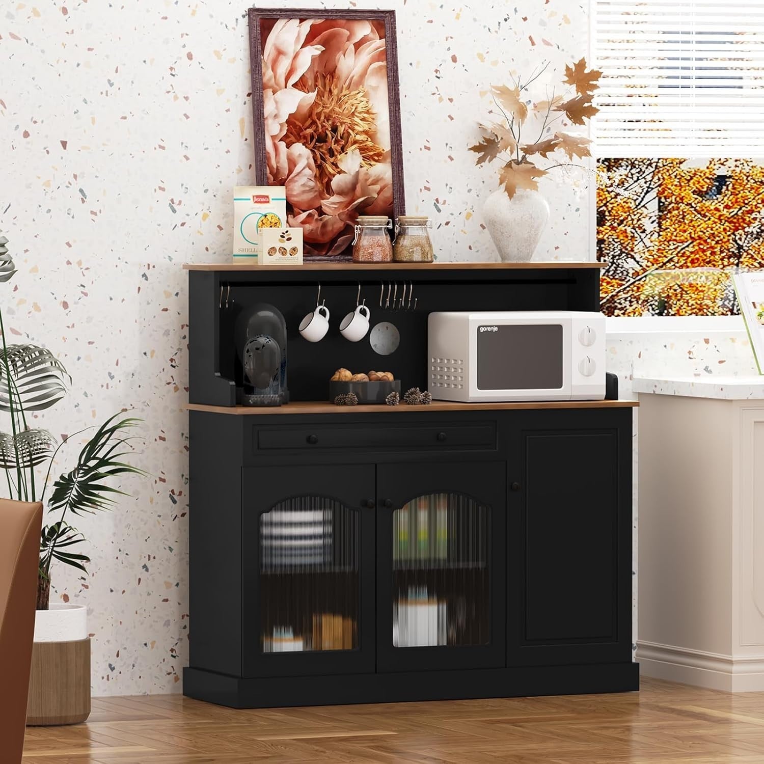 Kitchen Pantry Cupboard Microwave Cabinet Coffee Station Black