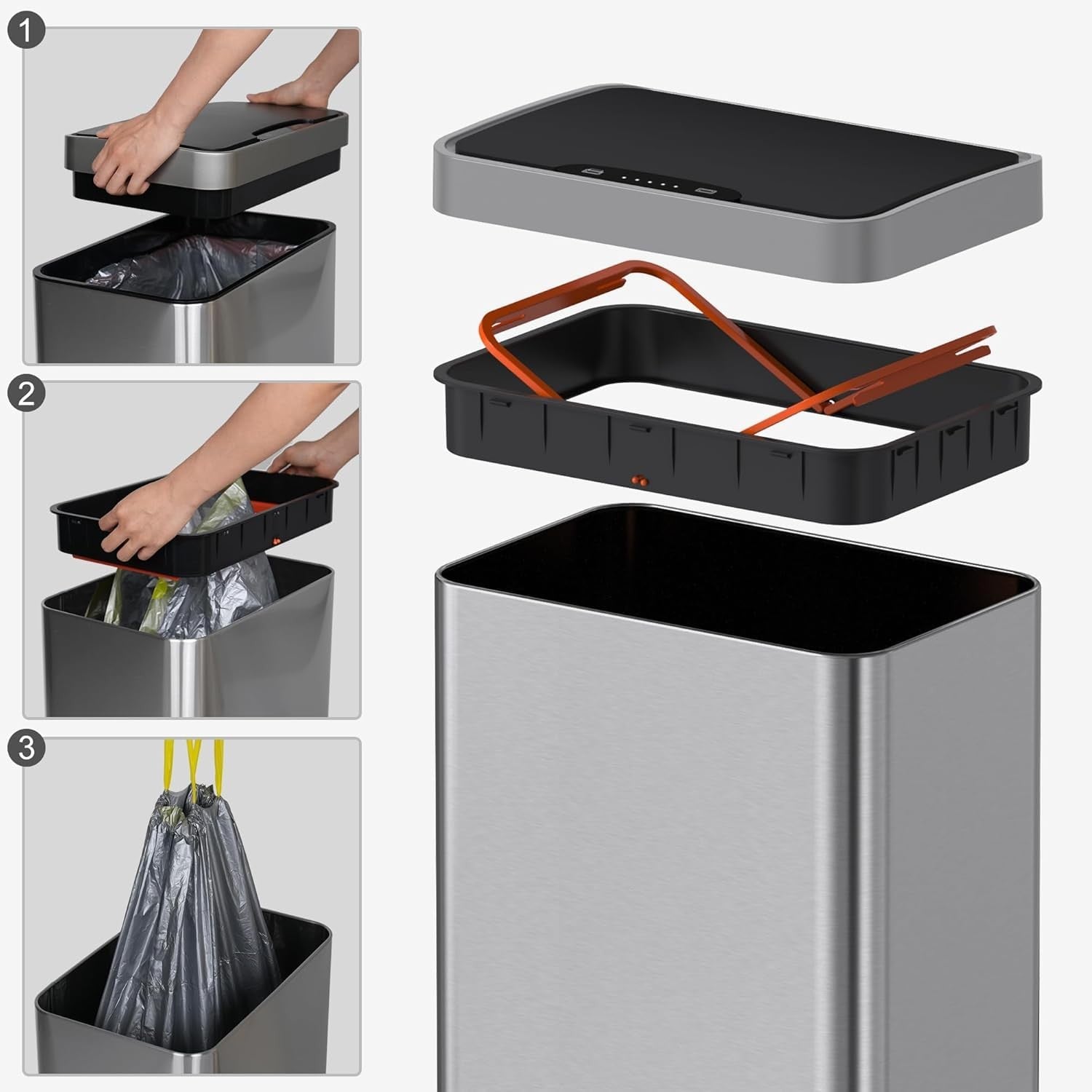 50L Touchless Kitchen Bin Motion Sensor Stainless Steel Silver