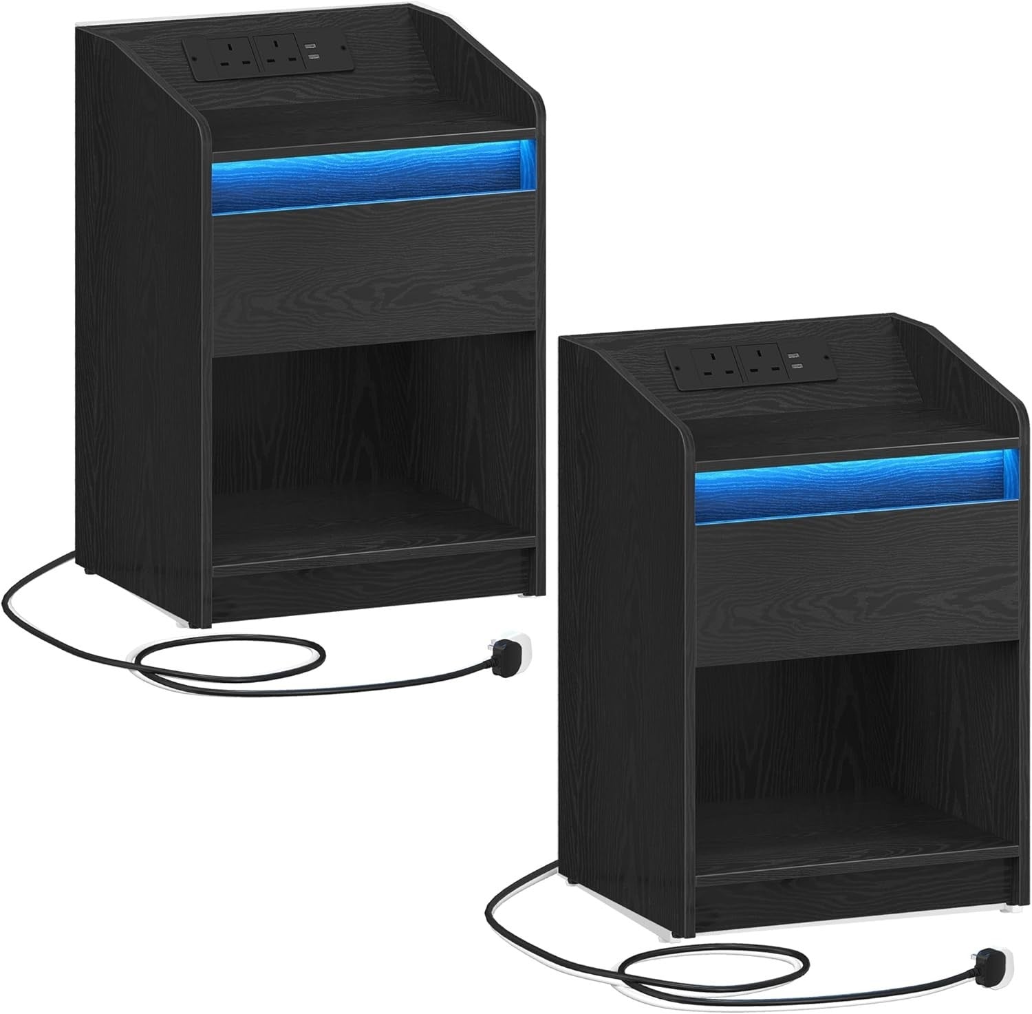 Set of 2 LED Bedside Tables with Charging Ports – Modern Nightstands with Drawer