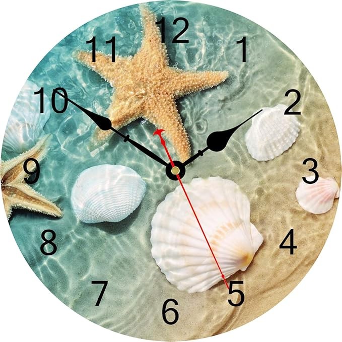 14" Seashell Starfish Wall Clock Silent Coastal Beach Ocean Home Decor