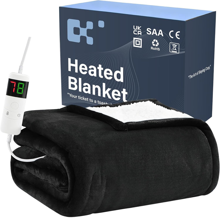 Electric Heated Throw Blanket Black Soft Fleece 10 Heat Levels Timer 130x160cm