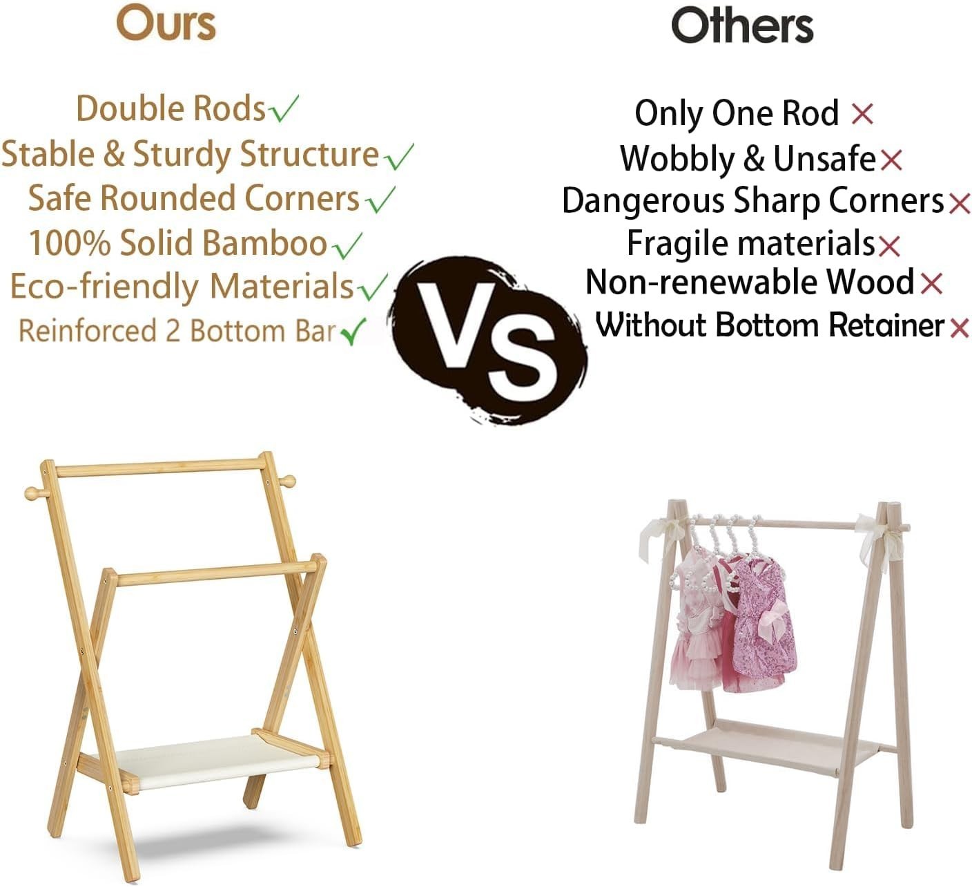 Baby Clothes Rack with Double Rods and Shelf, Natural Bamboo, Free-Standing