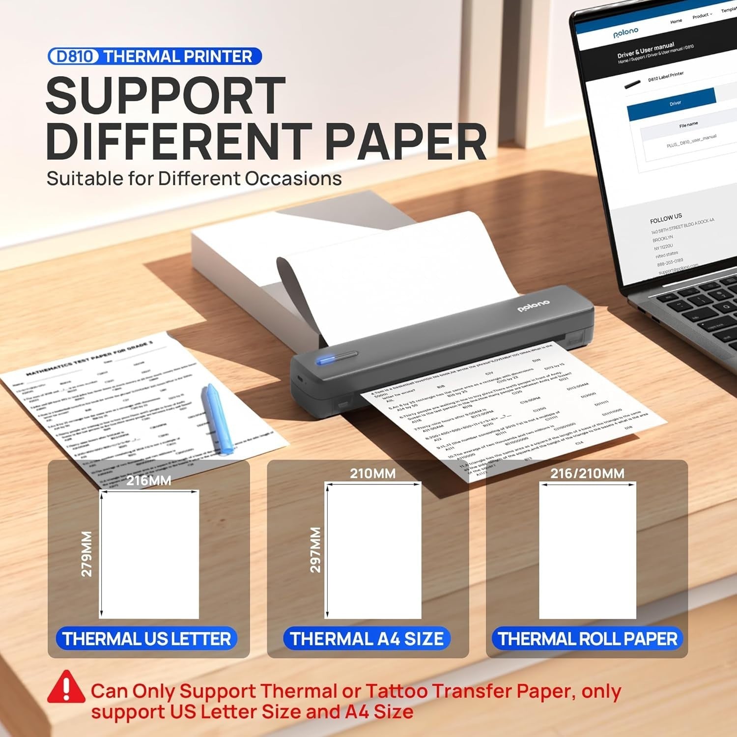 Portable Wireless A4 Thermal Printer Bluetooth Inkless Grey Travel Office