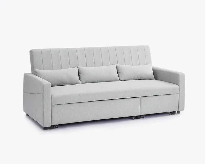 Grey Linen 3 Seater Sofa Bed Pull Out Couch Storage Chaise Guest Sleeper