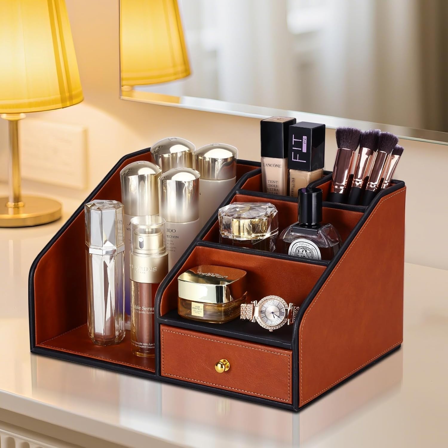 PU Leather Desk Organizer with A4 Magazine Rack & Pen Holder 33x28x18cm