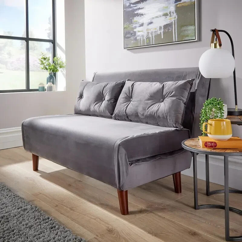 Grey Velvet Double Sofa Bed Chair with Pillows Folding Guest Sleeper