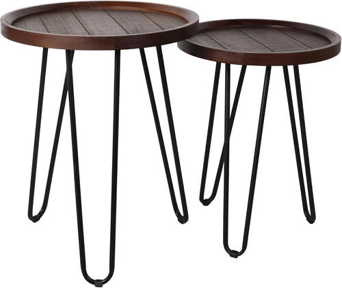 Round Wood Nesting Coffee Table Walnut Metal Frame Side End Tables Set of 2