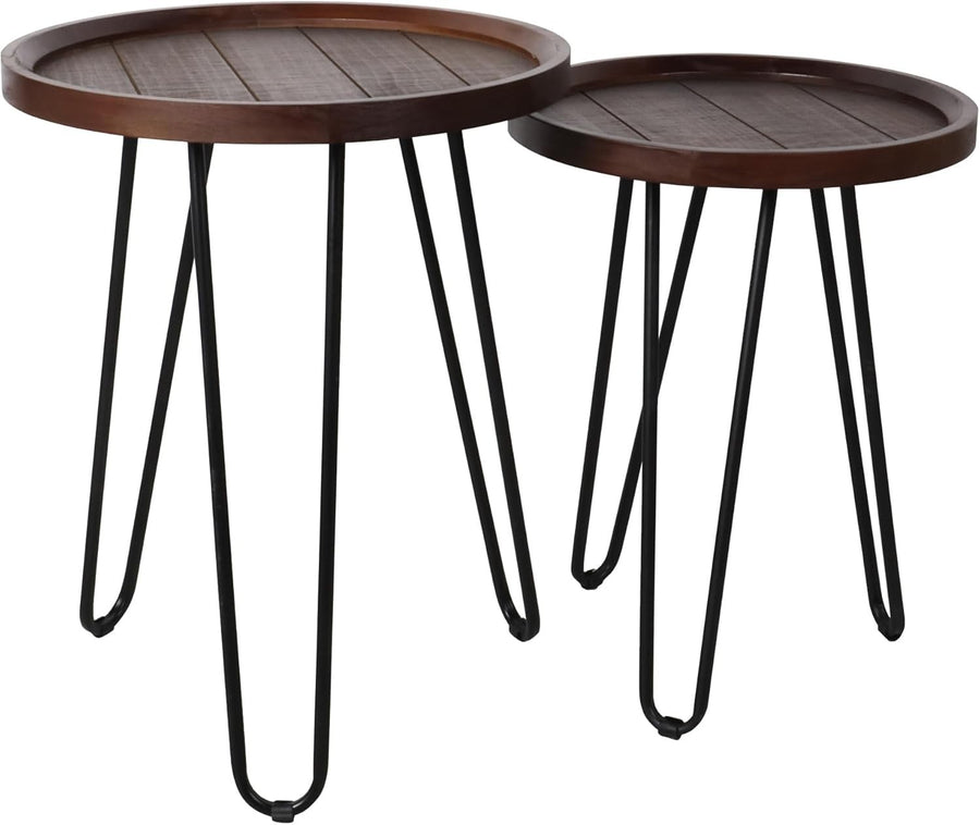 Round Wood Nesting Coffee Table Walnut Metal Frame Side End Tables Set of 2