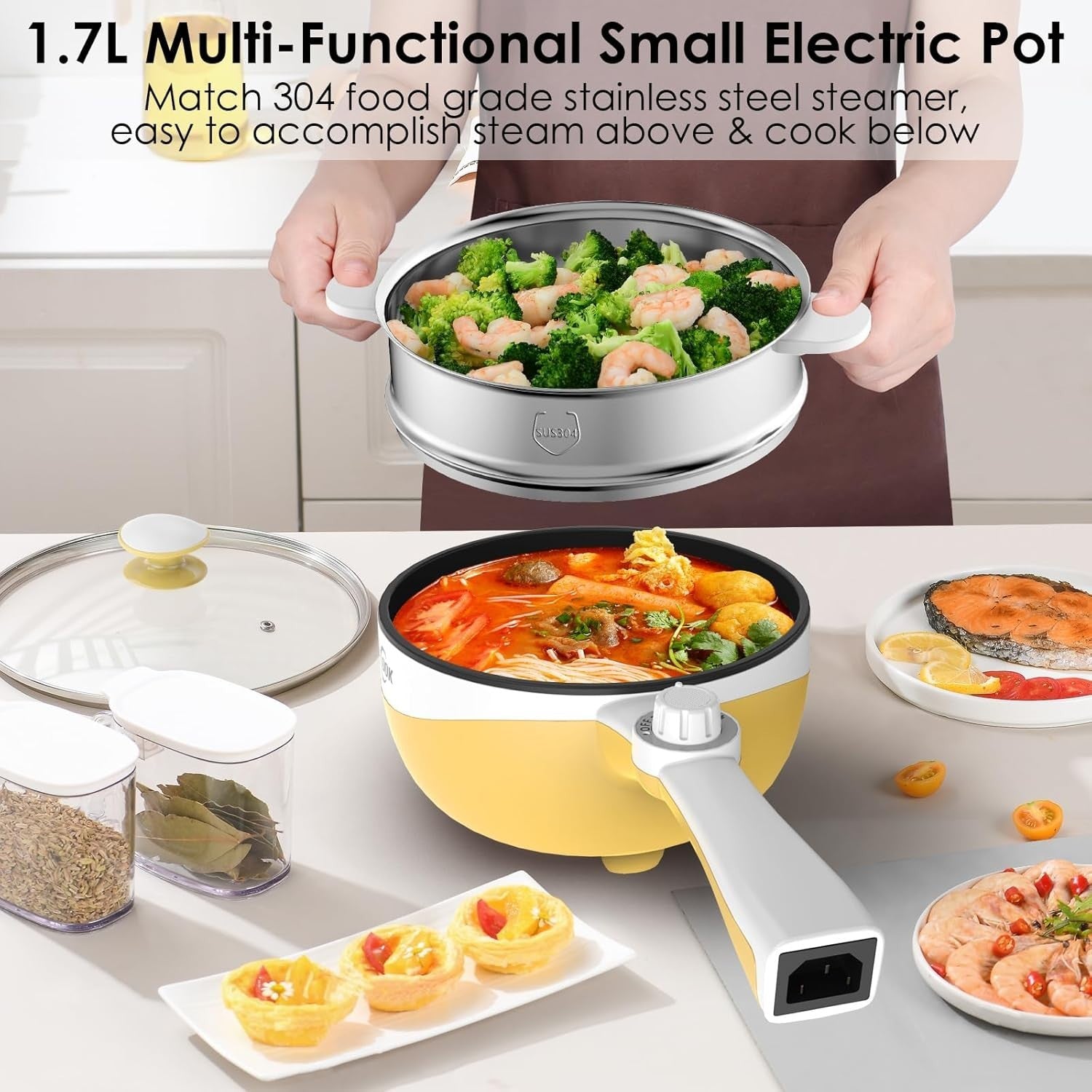 Mini Electric Hot Pot Cooker 1.7L Non-Stick Steamer Pan Travel Stove