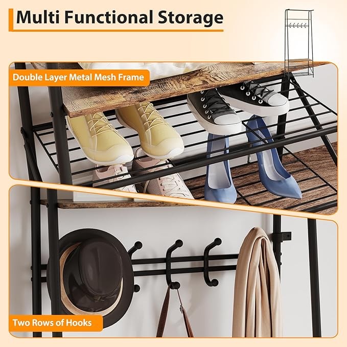 Brown 4-in-1 Coat Rack with Shoe Storage & 5 Hooks Freestanding Hall Tree