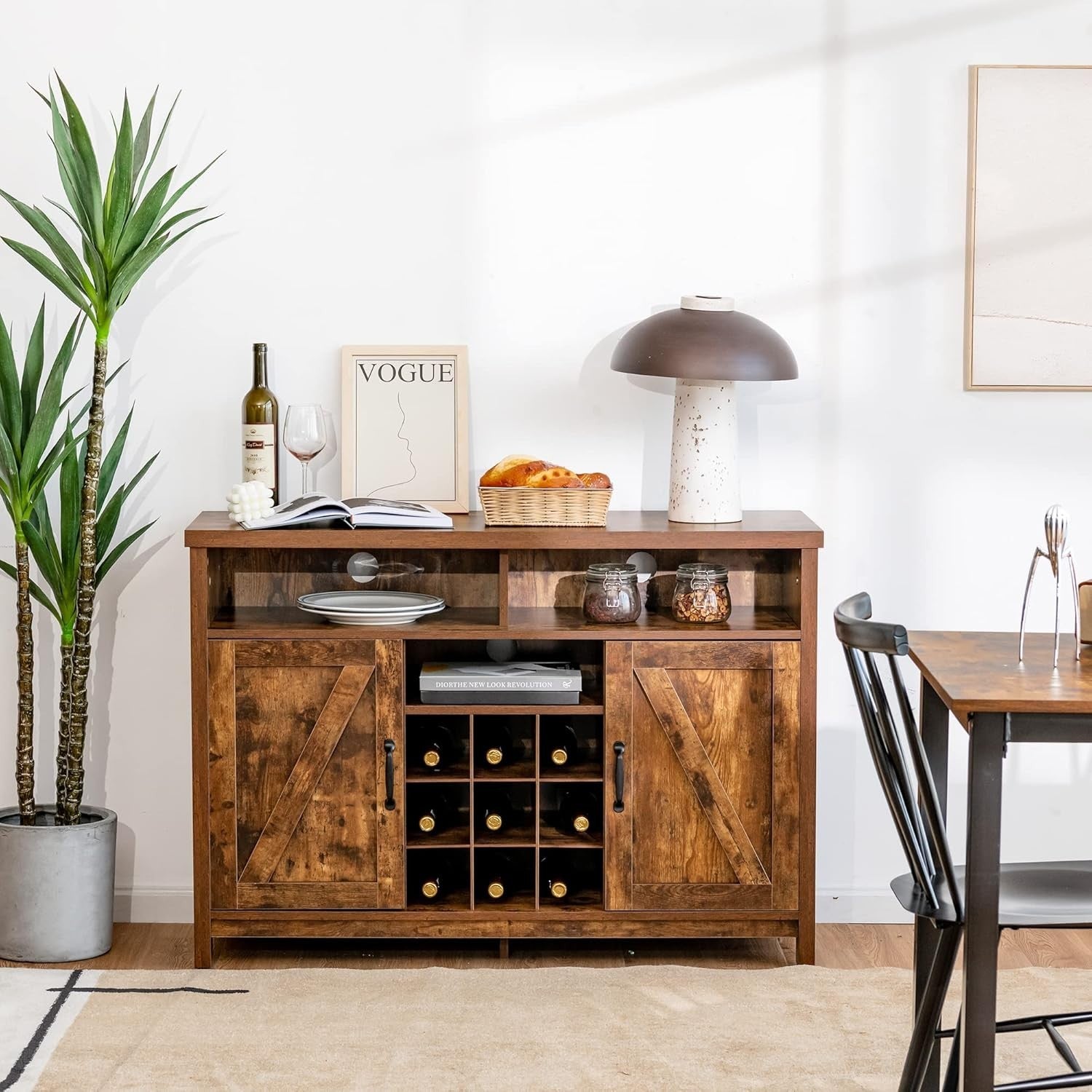 Rustic Buffet Sideboard Drinks Cabinet with 9-Bottle Wine Rack & Adjustable