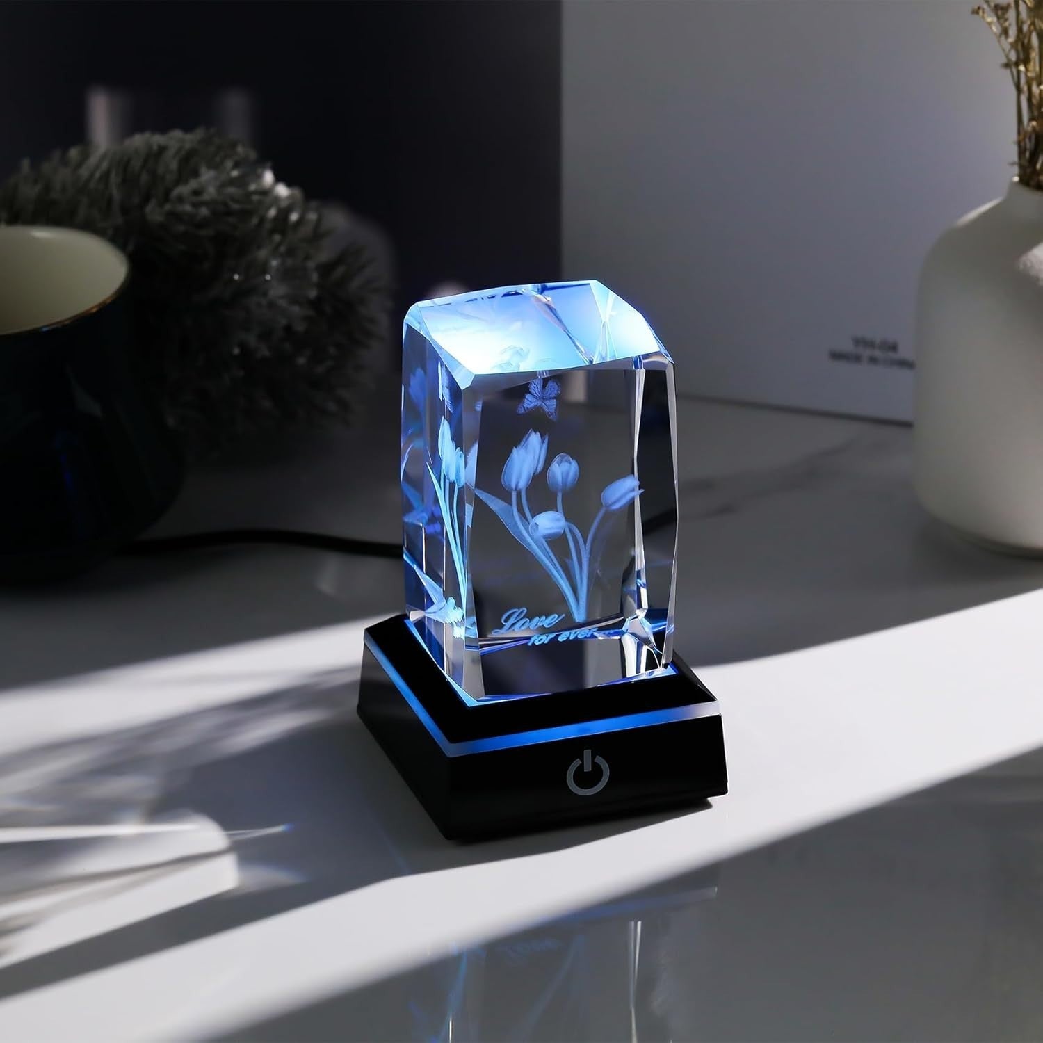 3D Crystal Tulip With Butterfly LED Light Base Gift Ornament For Women/Mum