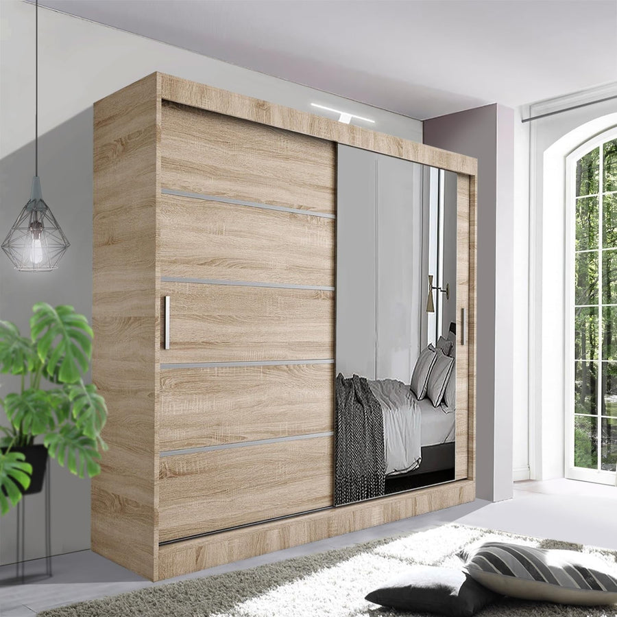 Oak Sliding Door Wardrobe 203cm LED Light - Spacious Modern Bedroom Storage