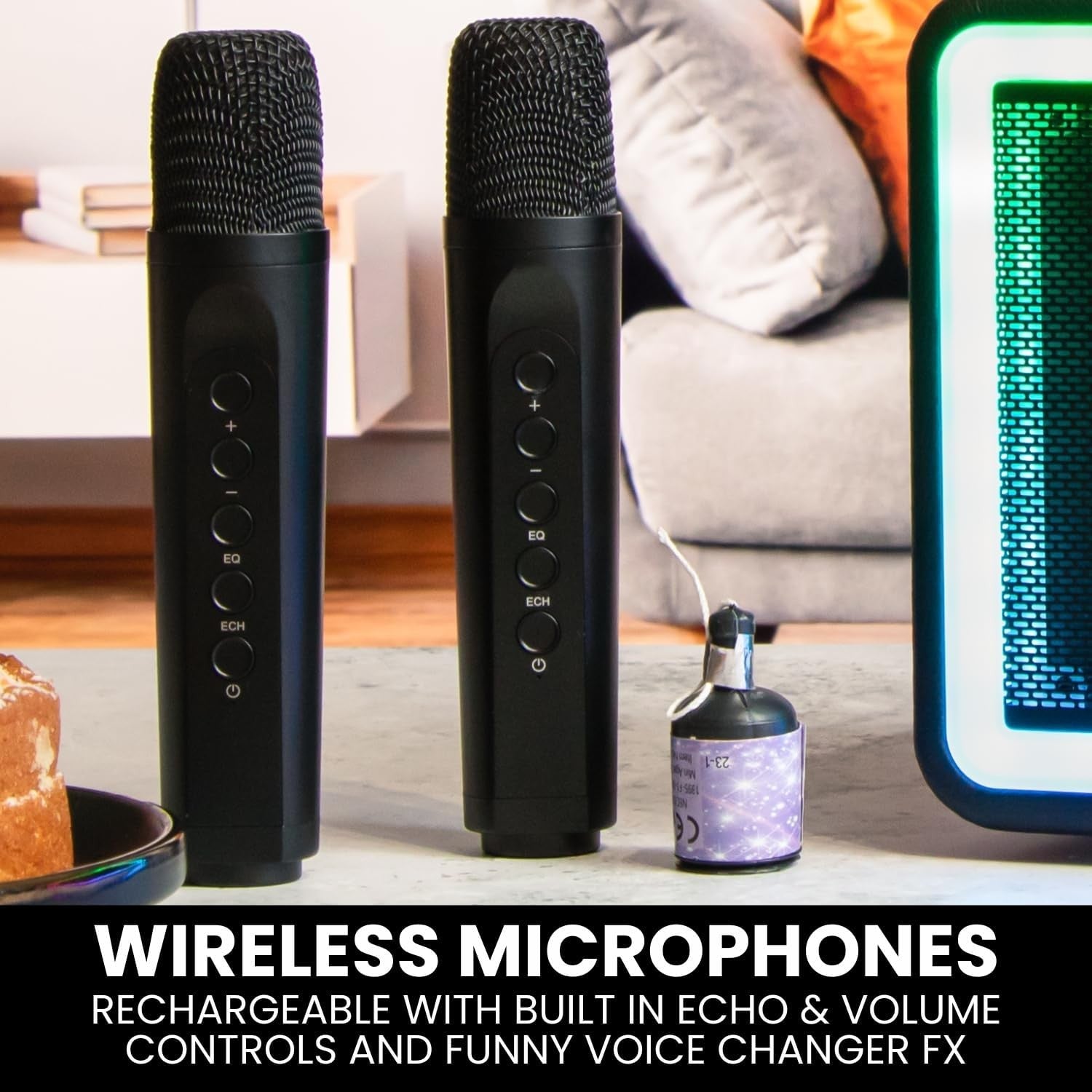 Karaoke Machine Portable Speaker 2 Wireless Mics LED Lights Kids Teens