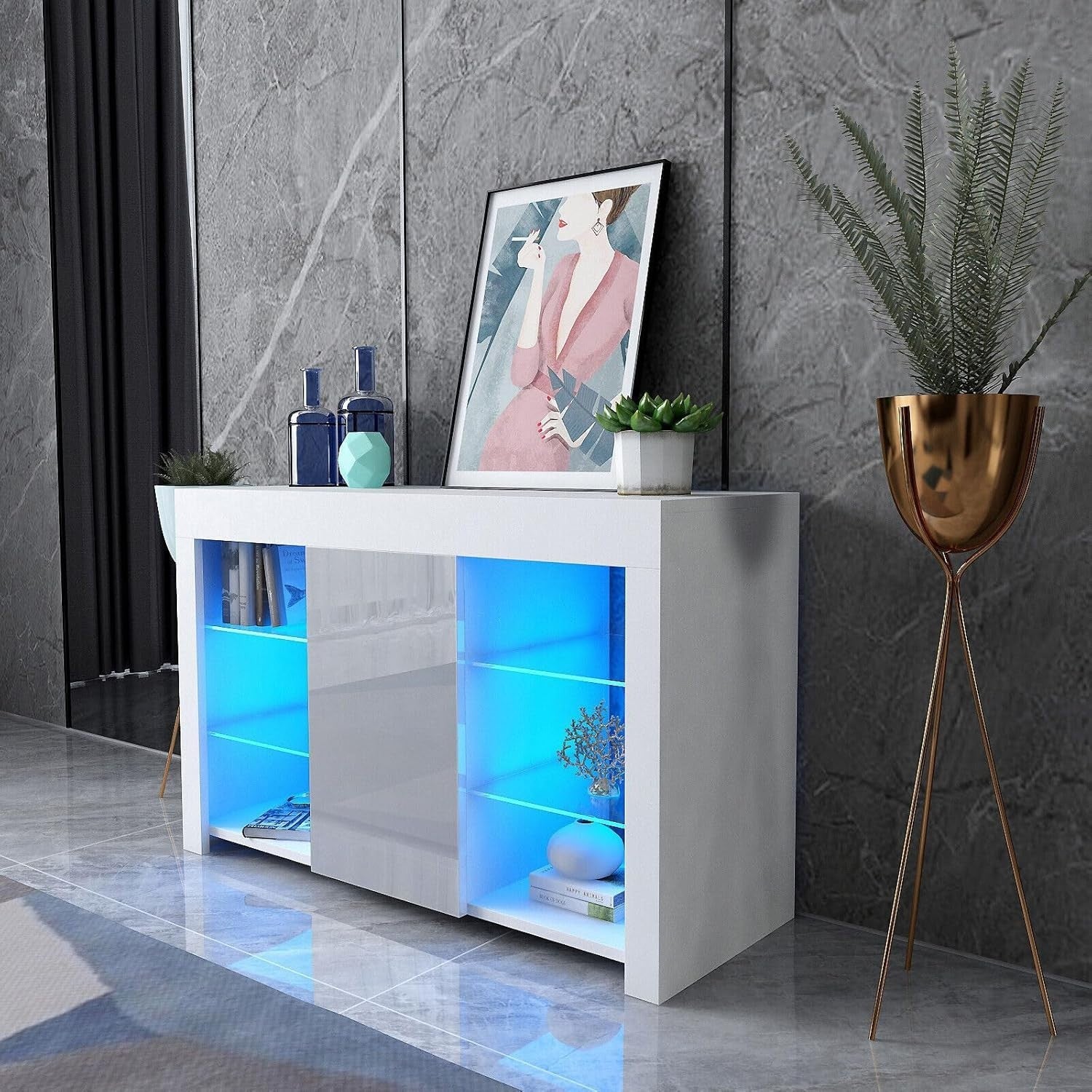 White Gloss Sideboard with Grey Glass Doors & LED Lights | Modern Storage Unit