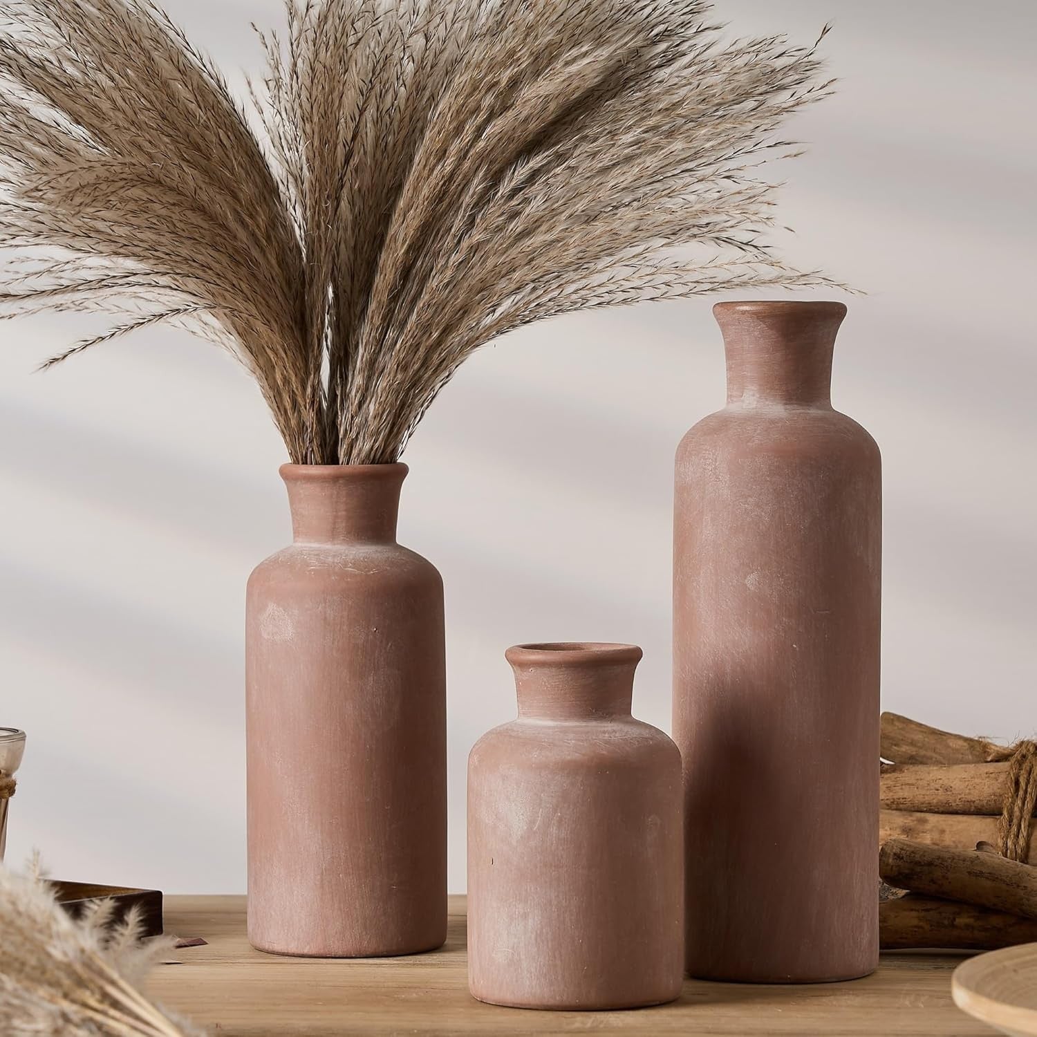 Ceramic Rustic Farmhouse Vase Set of 3 Whitewashed Terracotta Home Décor