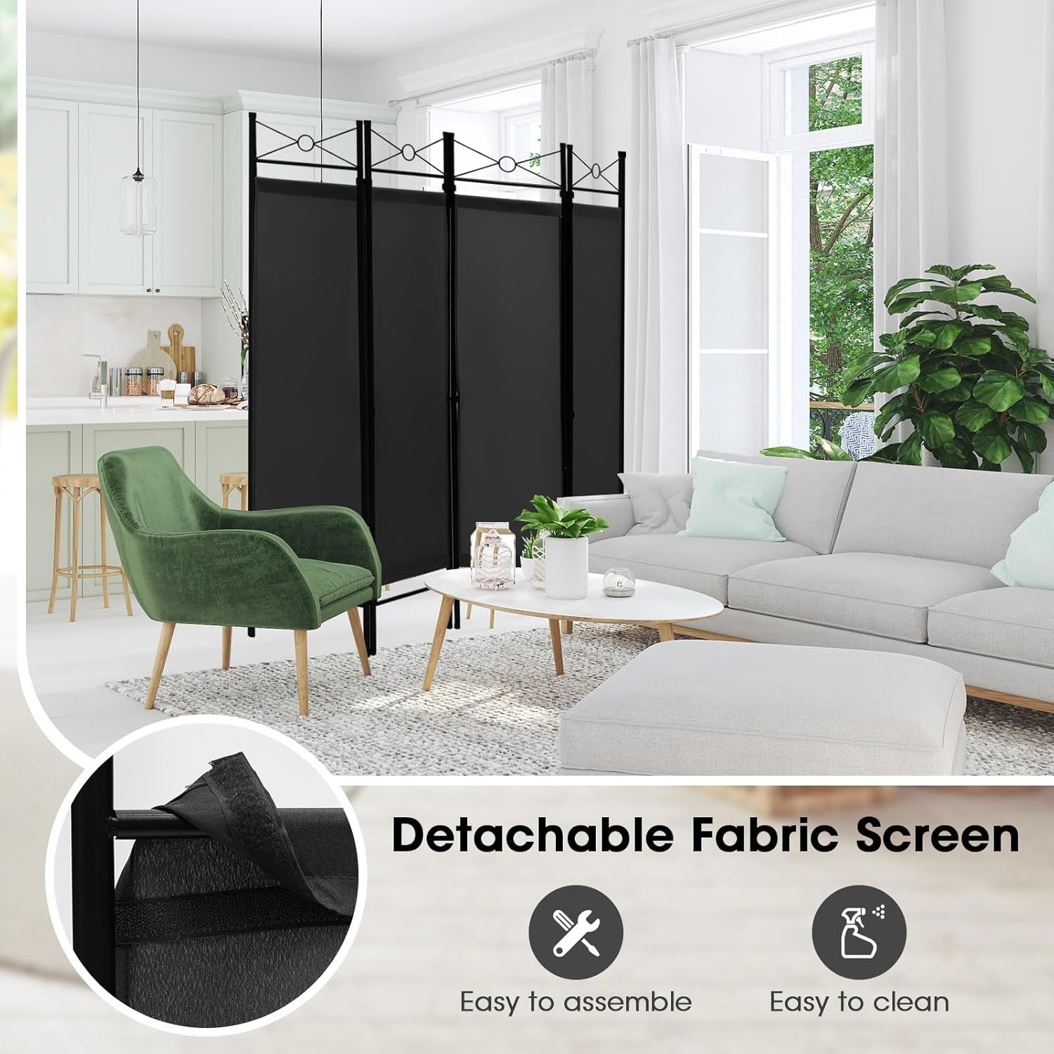 4 Panel Black Folding Room Divider Screen Privacy Partition for Bedroom Office