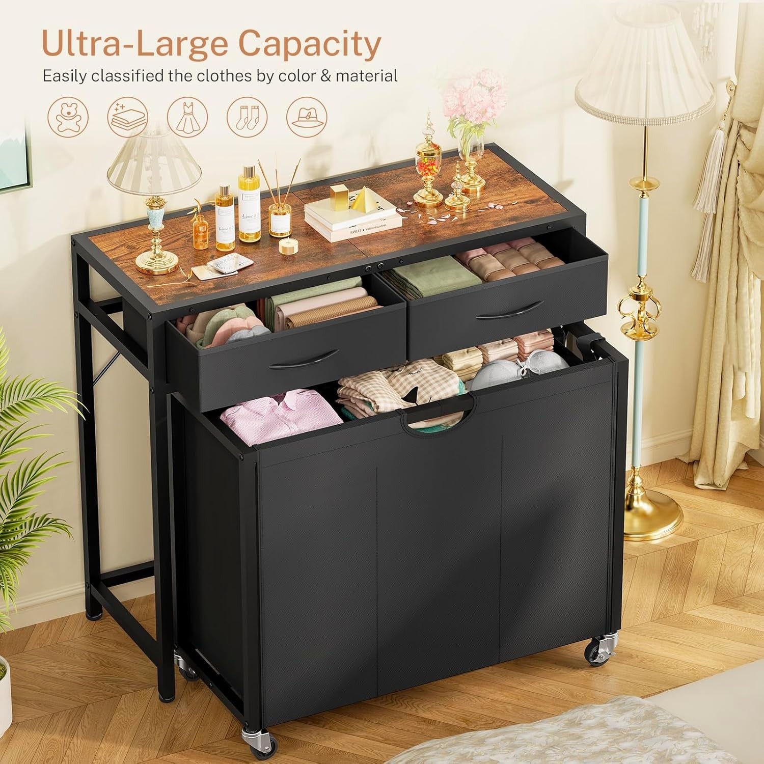 120L Rolling Laundry Sorter with 3 Pull Out Bags & Top Shelf Storage Black