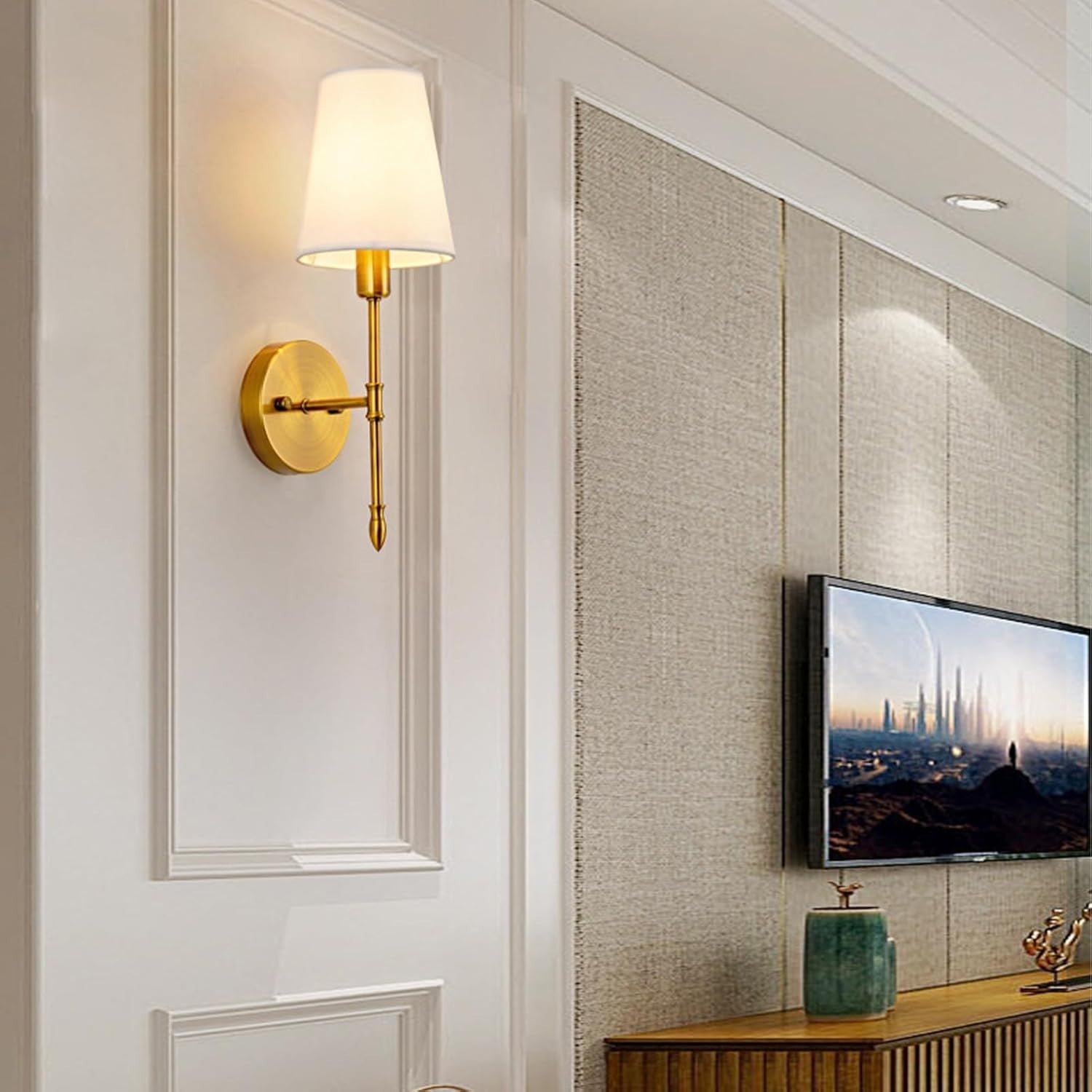 Gold Wall Sconce Lights Set of 2 Battery Operated LED No Wiring Remote Dimmer