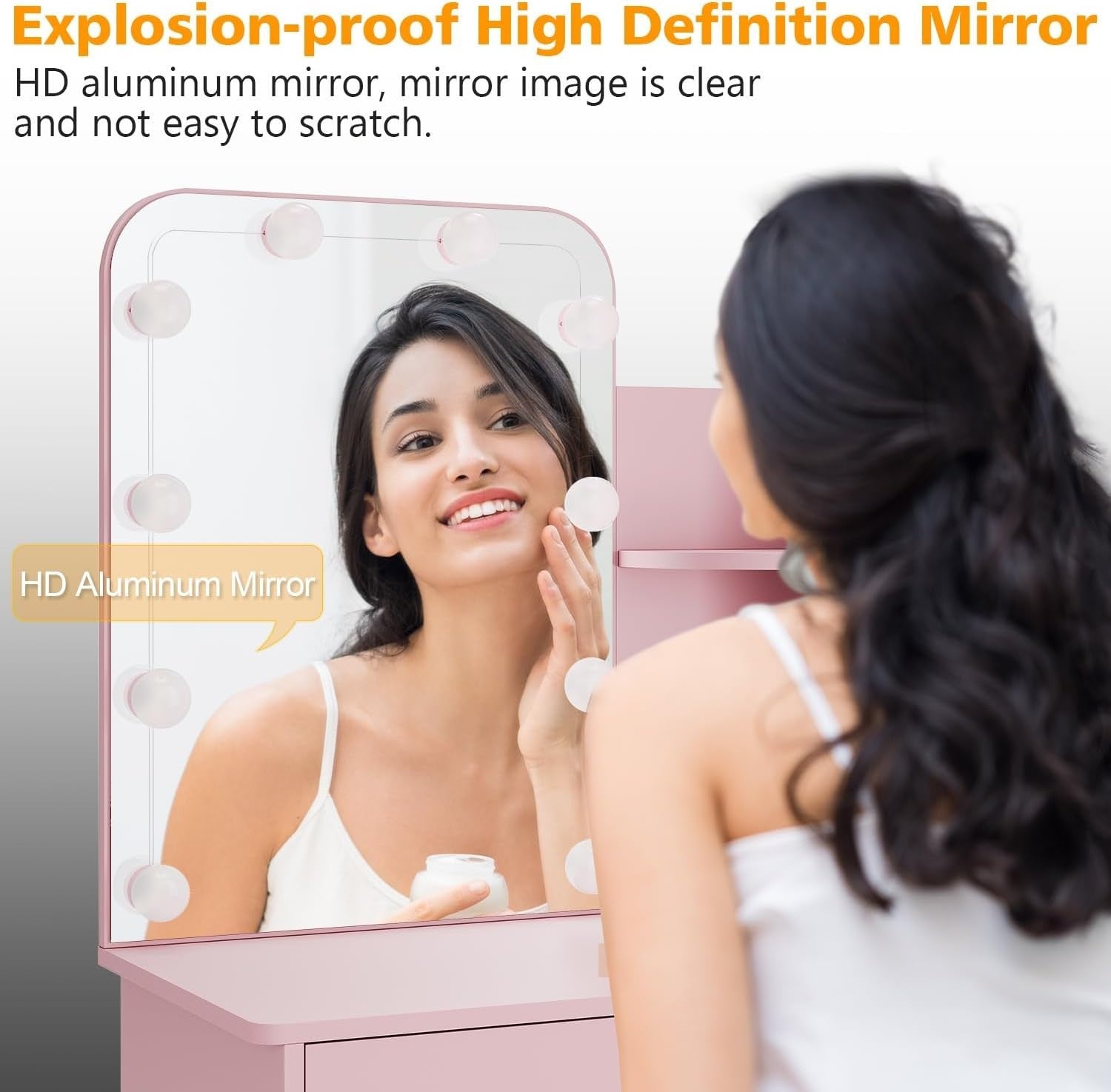 Pink Vanity Makeup Dressing Table Mirror Set Hollywood LED Lights Drawer 66x140c