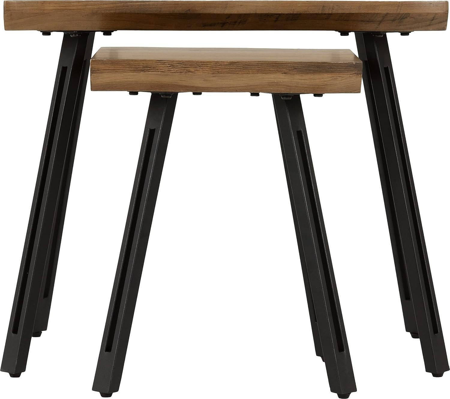 Nest of 2 Industrial End Tables Medium Oak Effect Black Metal Legs Home Office
