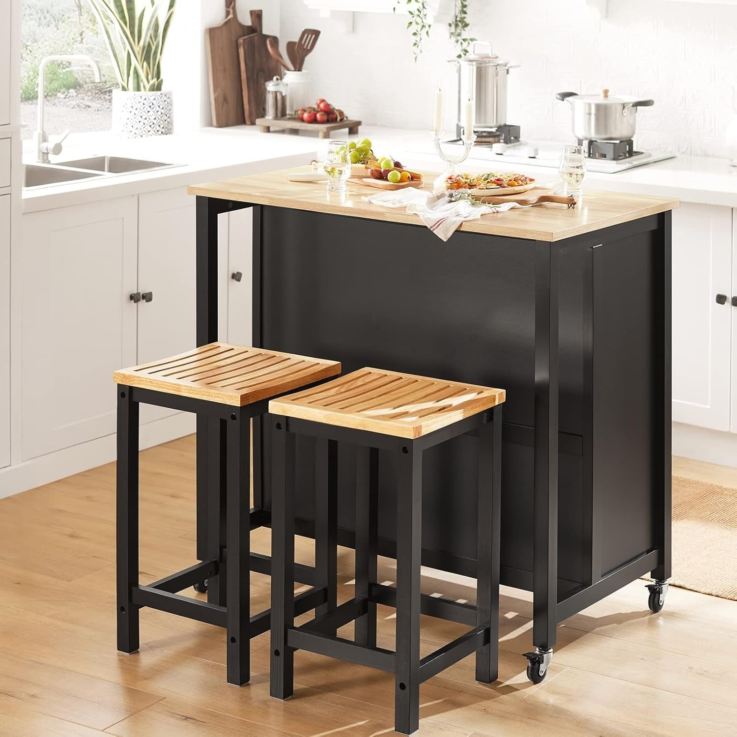 Kitchen Storage Trolley Island with Wooden Worktop Drawers Shelves Wheels