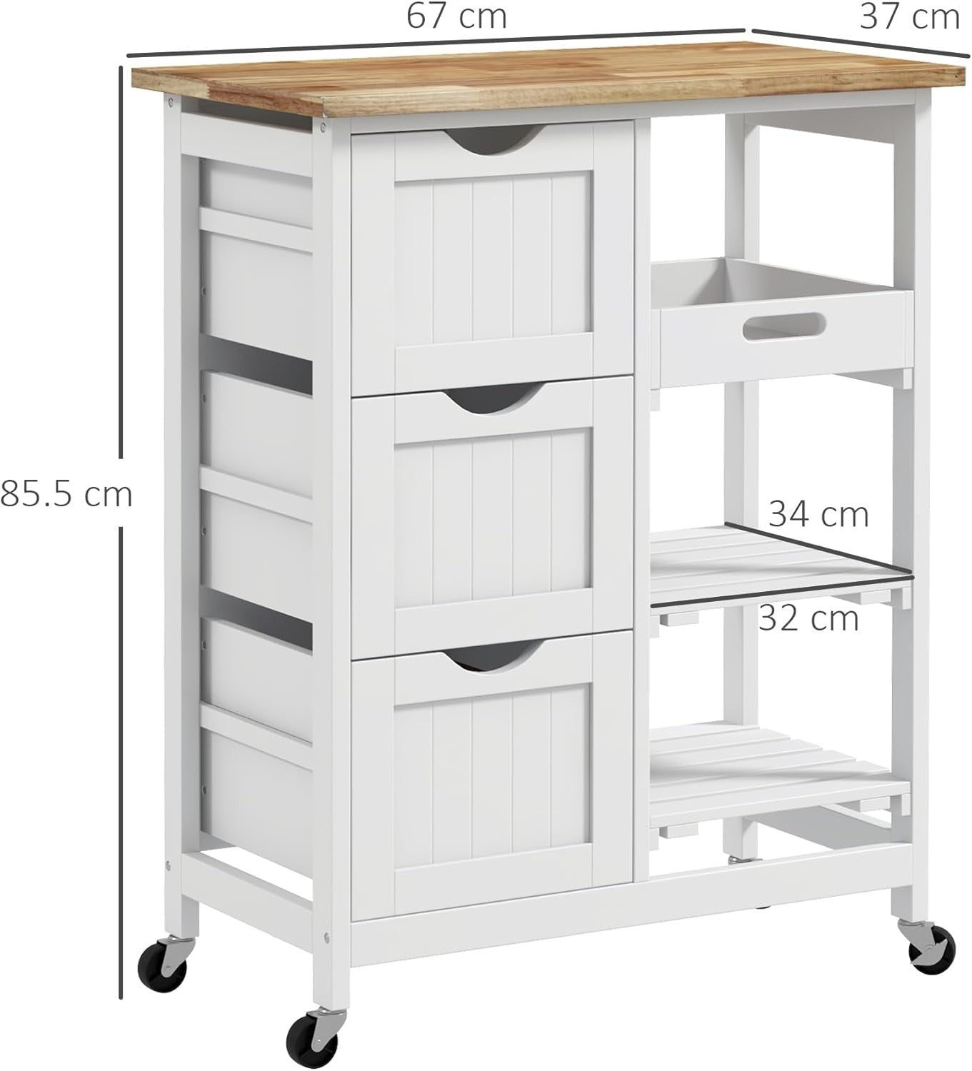 Rolling Kitchen Island Cart with Storage Drawers & Removable Tray, White Trolley