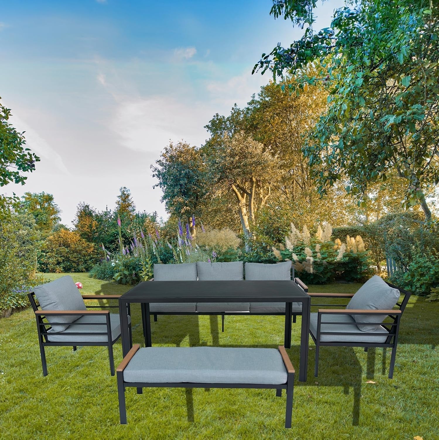 6 Seat Garden Furniture Set Black Aluminium Grey Cushions Dining Patio