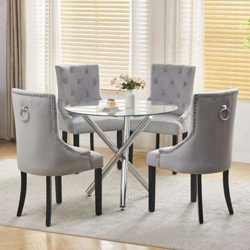 Round Glass Dining Table Set 4 Seater Compact Kitchen Dining Room Chrome Frame
